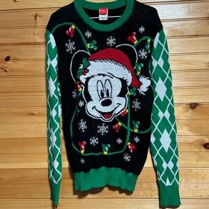 Mickey Mouse Christmas Sweater Disney Green Ugly Santa Claus Hat Lights Xmas M